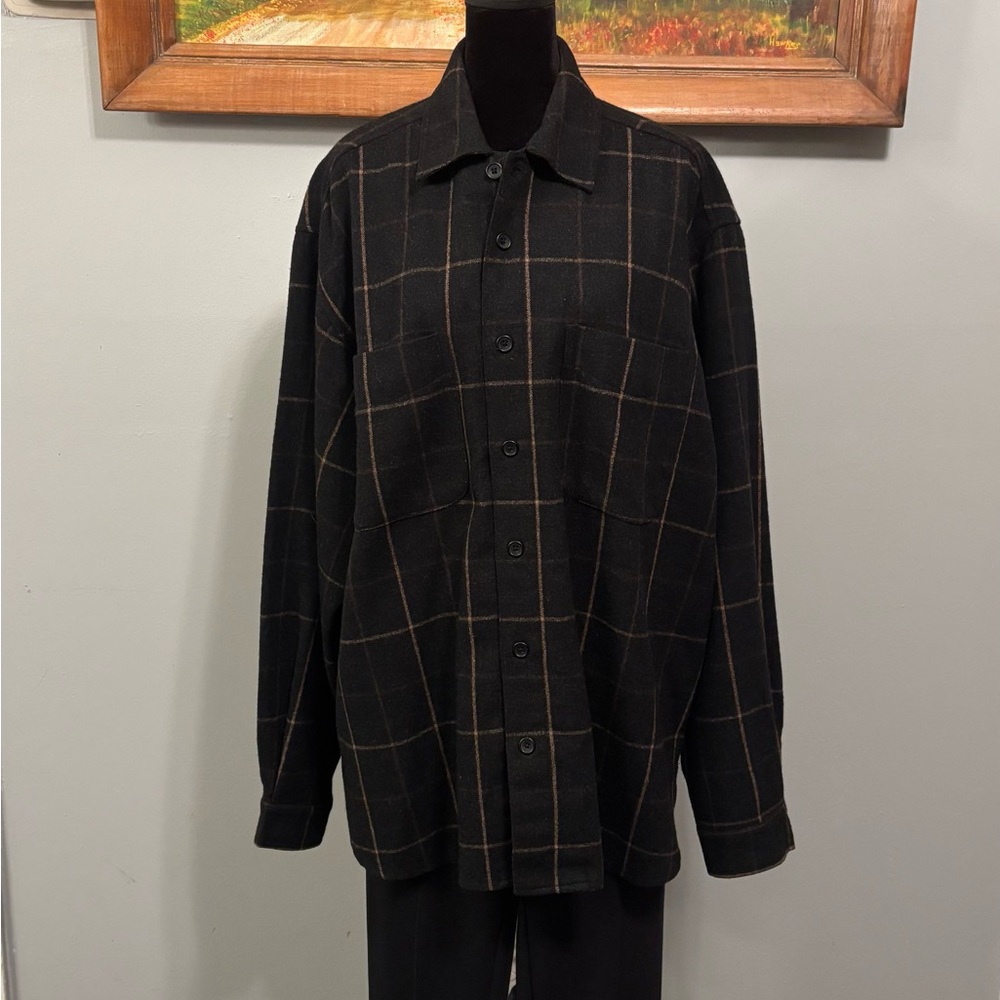Naturalife Wool Blend Long Sleeve Button Down Shirt Black/Tan Sz L